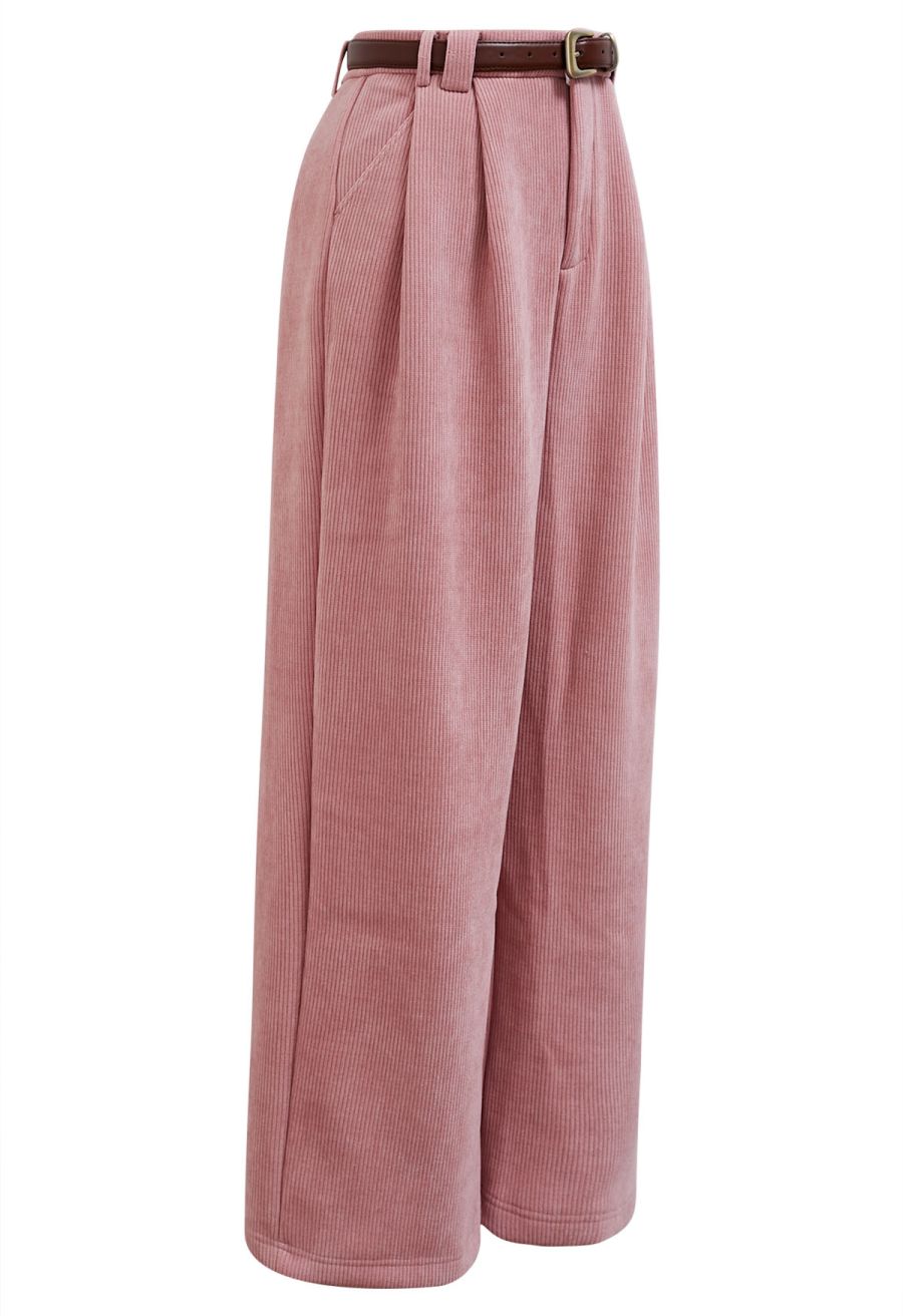 Fleece-Lined Corduroy Belted Straight-Leg Pants in Pink