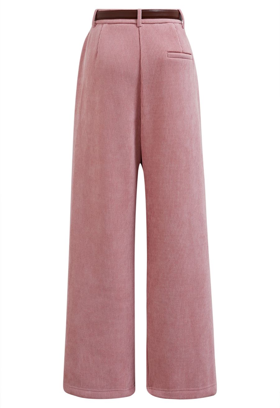 Fleece-Lined Corduroy Belted Straight-Leg Pants in Pink