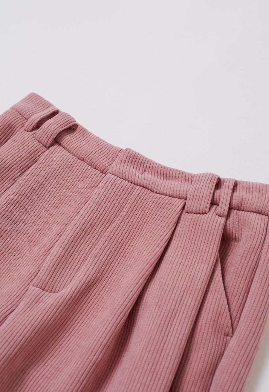 Fleece-Lined Corduroy Belted Straight-Leg Pants in Pink