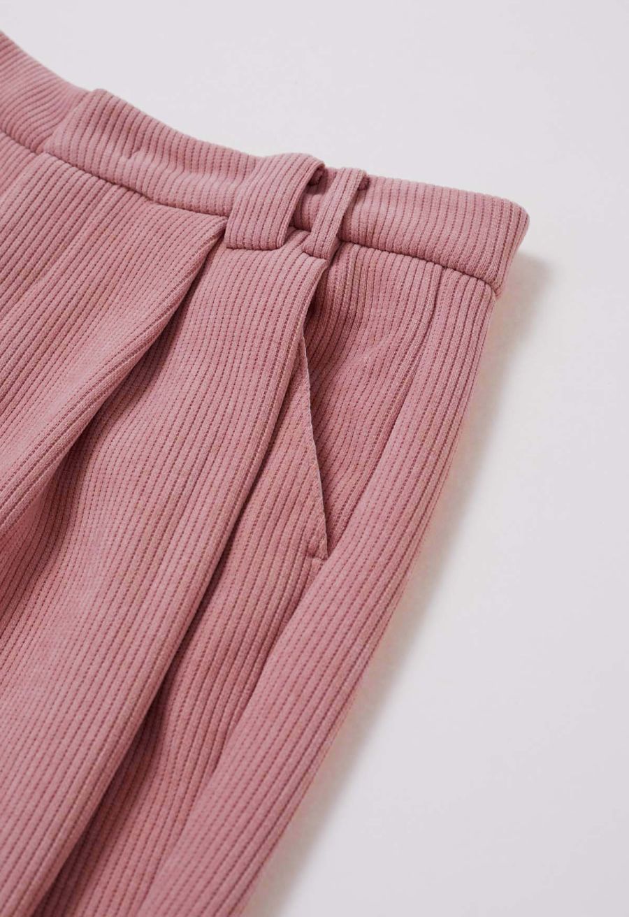 Fleece-Lined Corduroy Belted Straight-Leg Pants in Pink