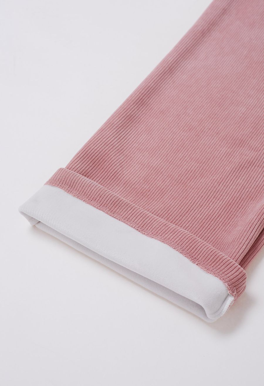 Fleece-Lined Corduroy Belted Straight-Leg Pants in Pink
