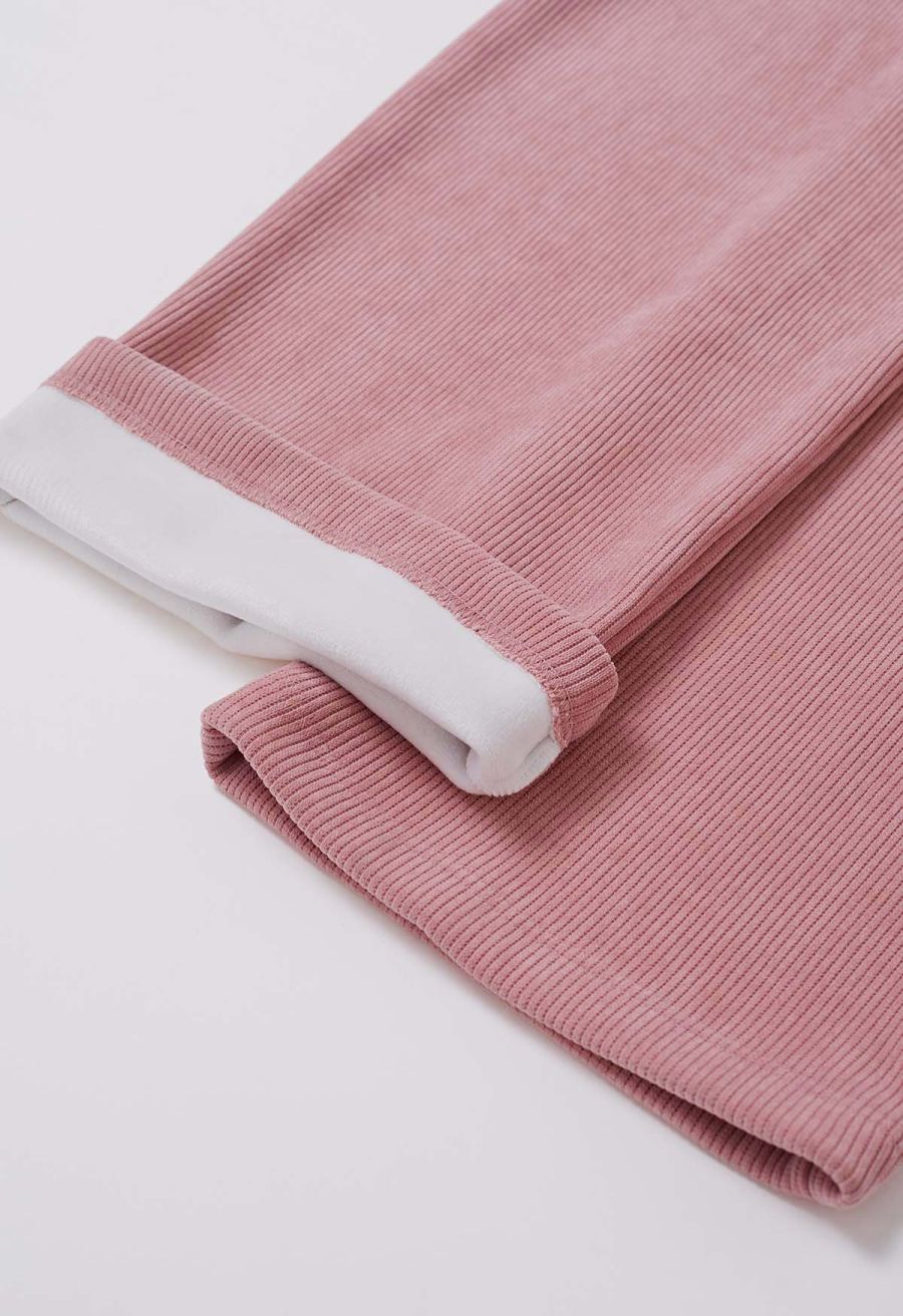 Fleece-Lined Corduroy Belted Straight-Leg Pants in Pink