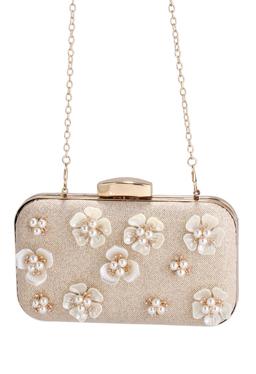 Beaded 3D Flower Clutch in Champagne