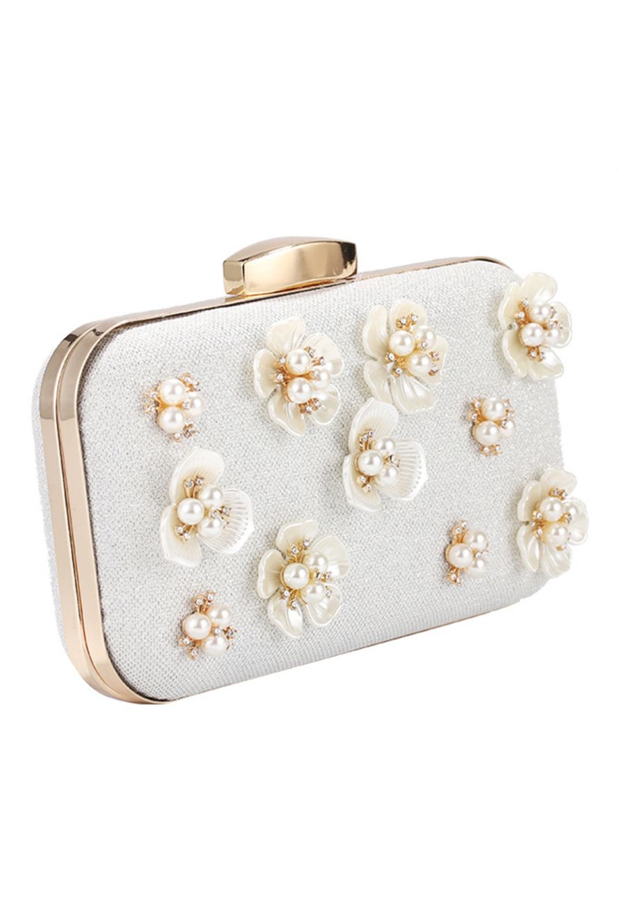 Beaded 3D Flower Clutch in Silver