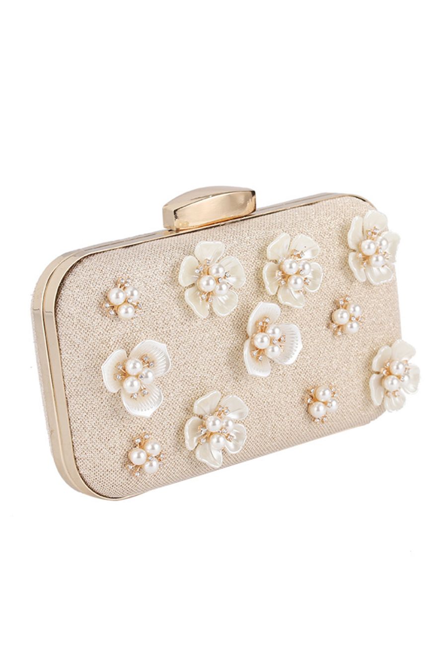 Beaded 3D Flower Clutch in Champagne