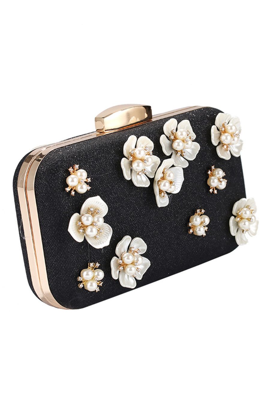 Beaded 3D Flower Clutch in Black