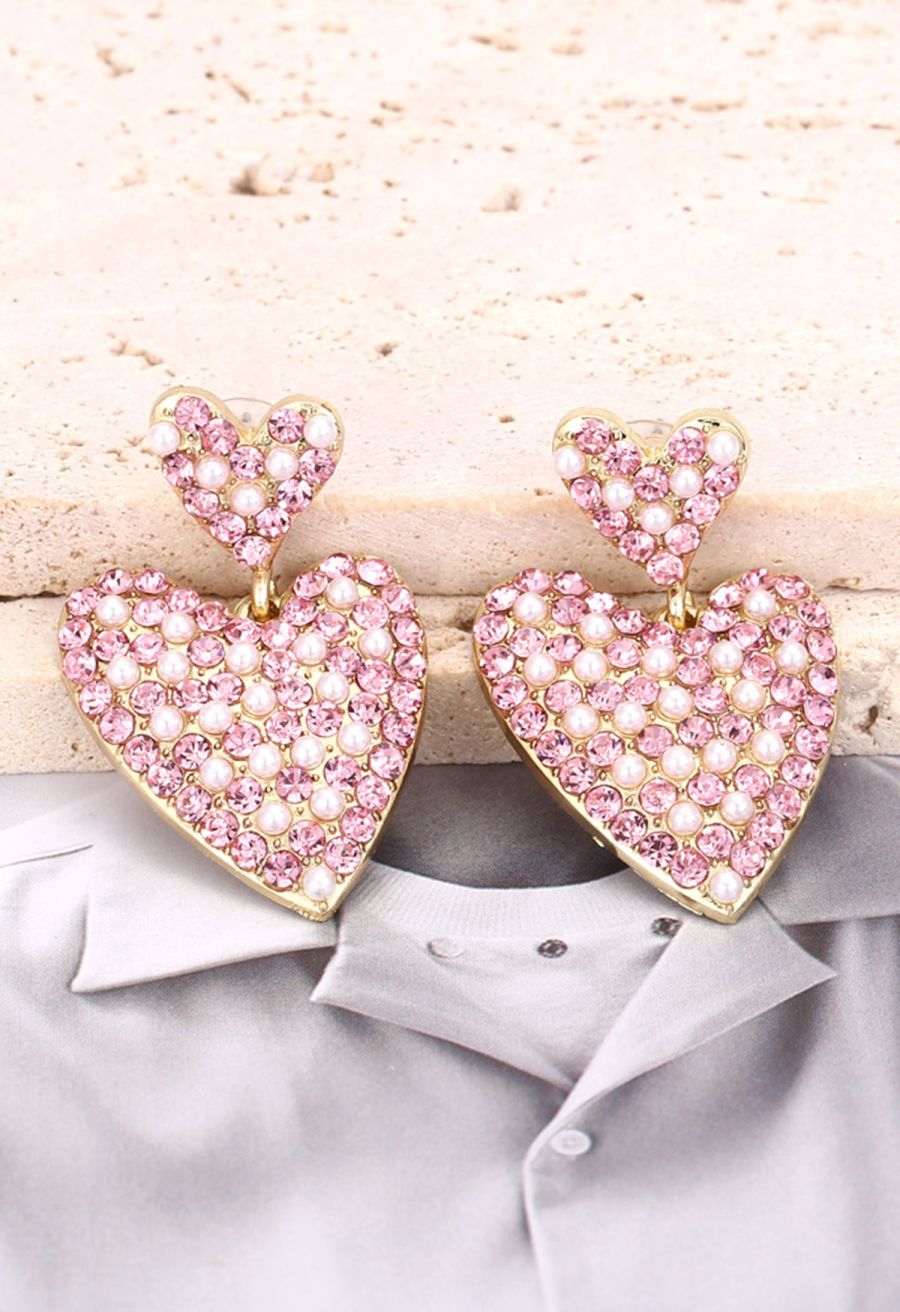Lovely Pearl Heart Rhinestone Earrings