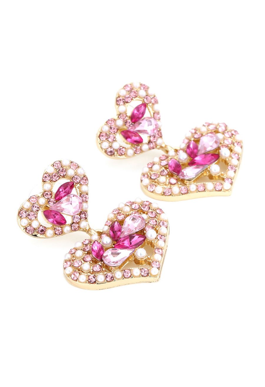 Hollow Out Heart Pearl Crystal Earrings