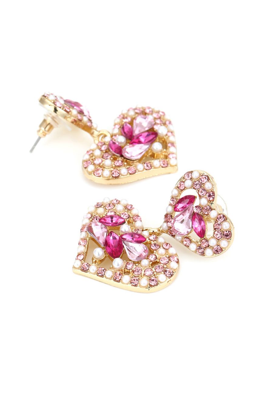 Hollow Out Heart Pearl Crystal Earrings