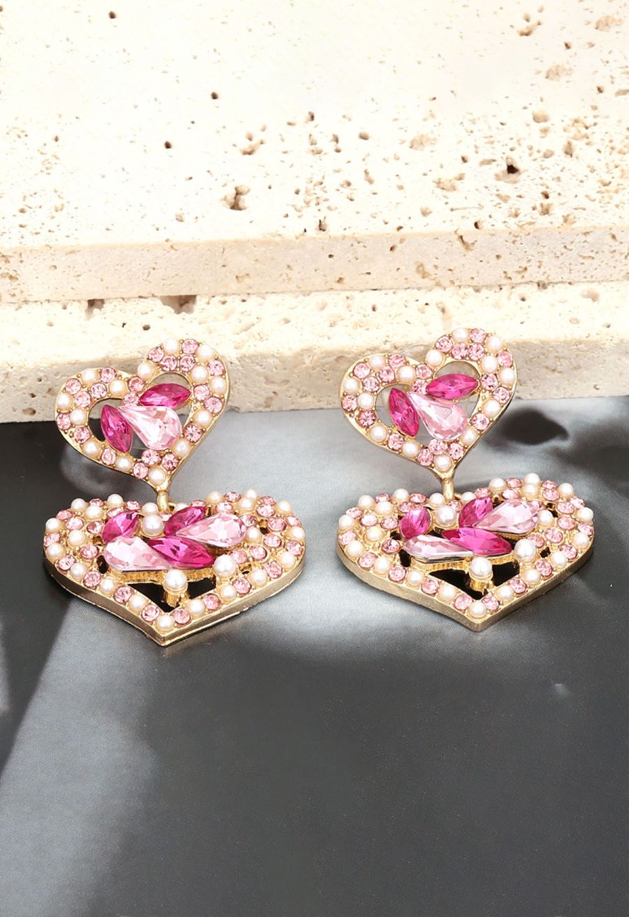Hollow Out Heart Pearl Crystal Earrings