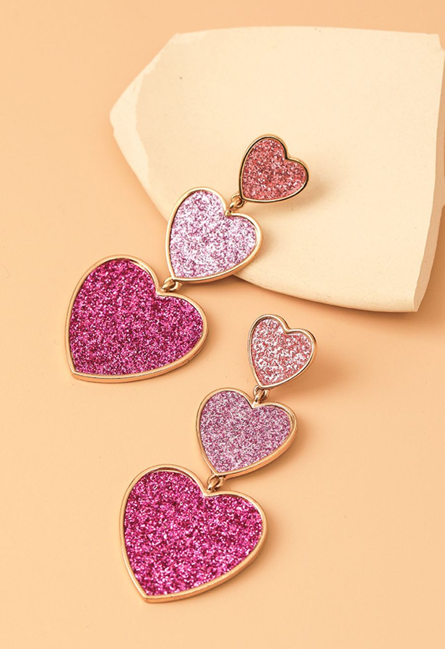 Glittering Triple-Heart Drop Earrings