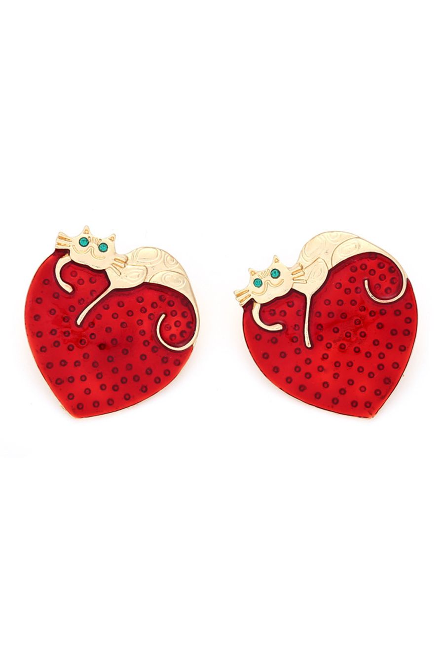 Lazy Cat Heart Rhinestone Earrings