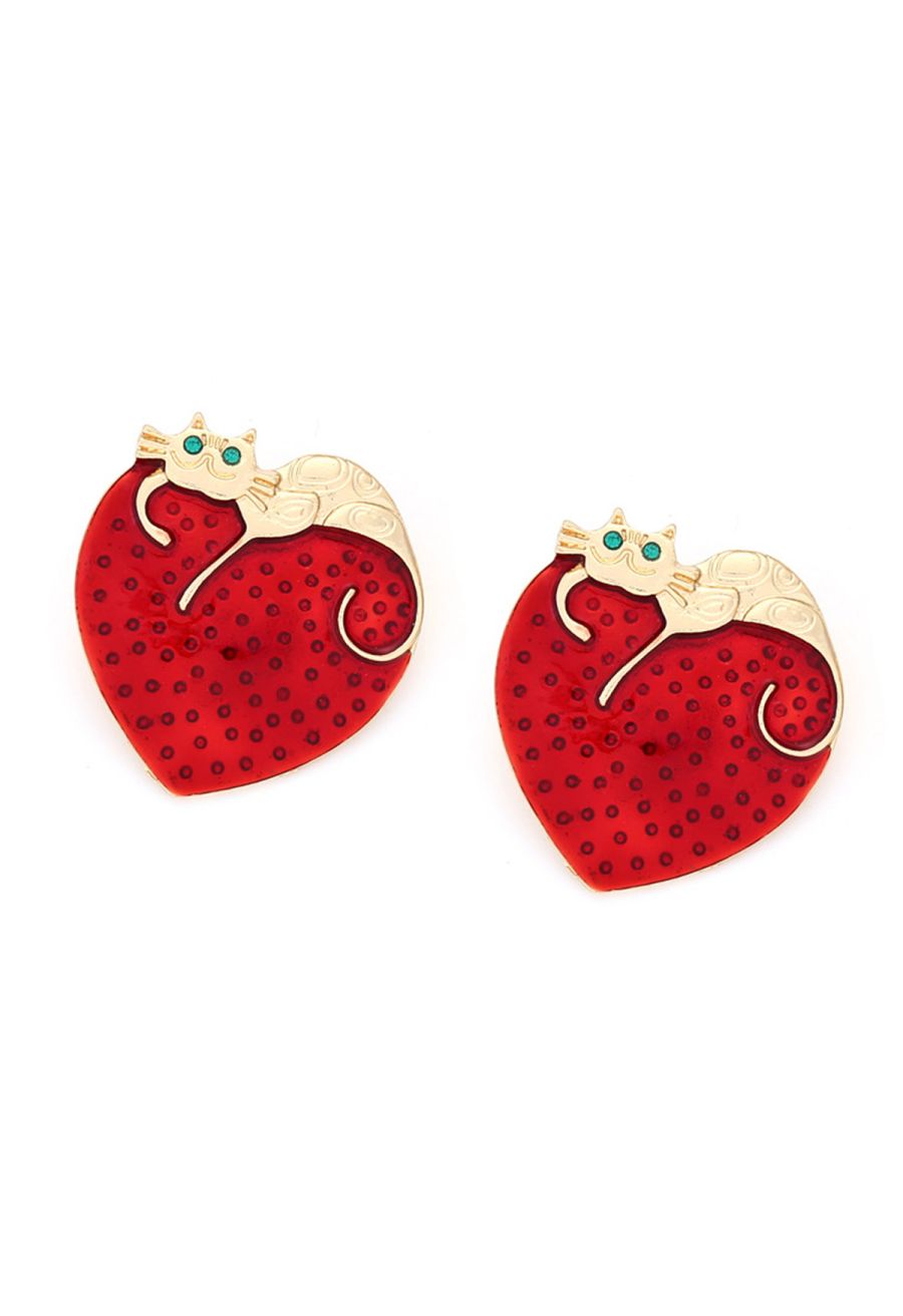 Lazy Cat Heart Rhinestone Earrings