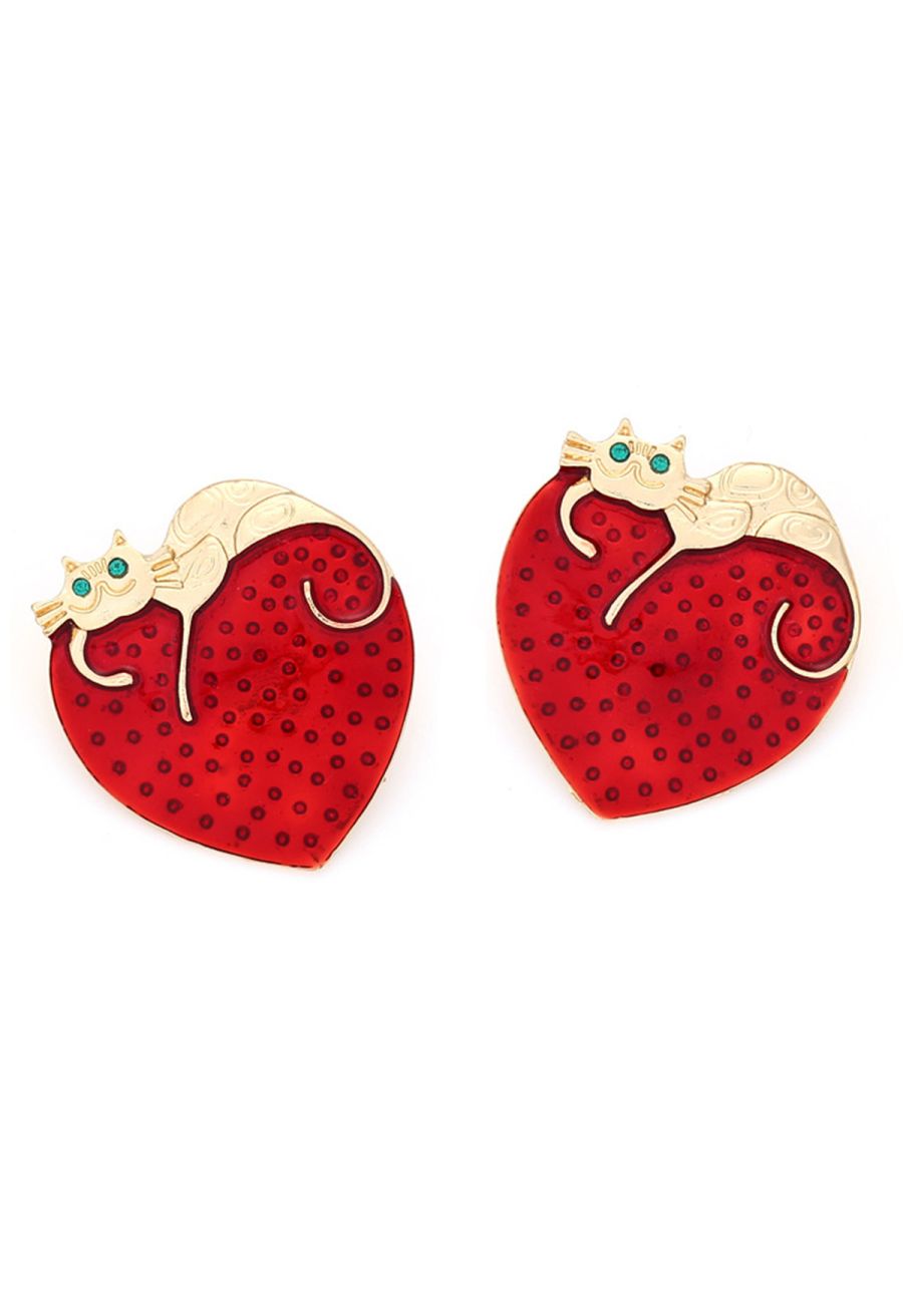 Lazy Cat Heart Rhinestone Earrings