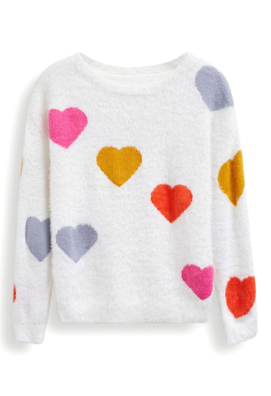 Colorful Heart Pattern Fuzzy Knit Sweater