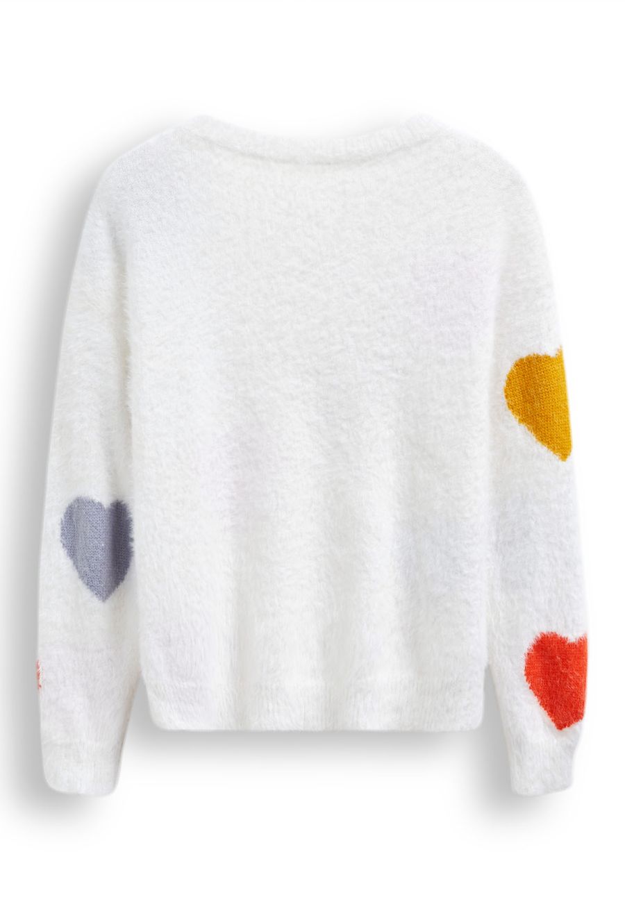 Colorful Heart Pattern Fuzzy Knit Sweater