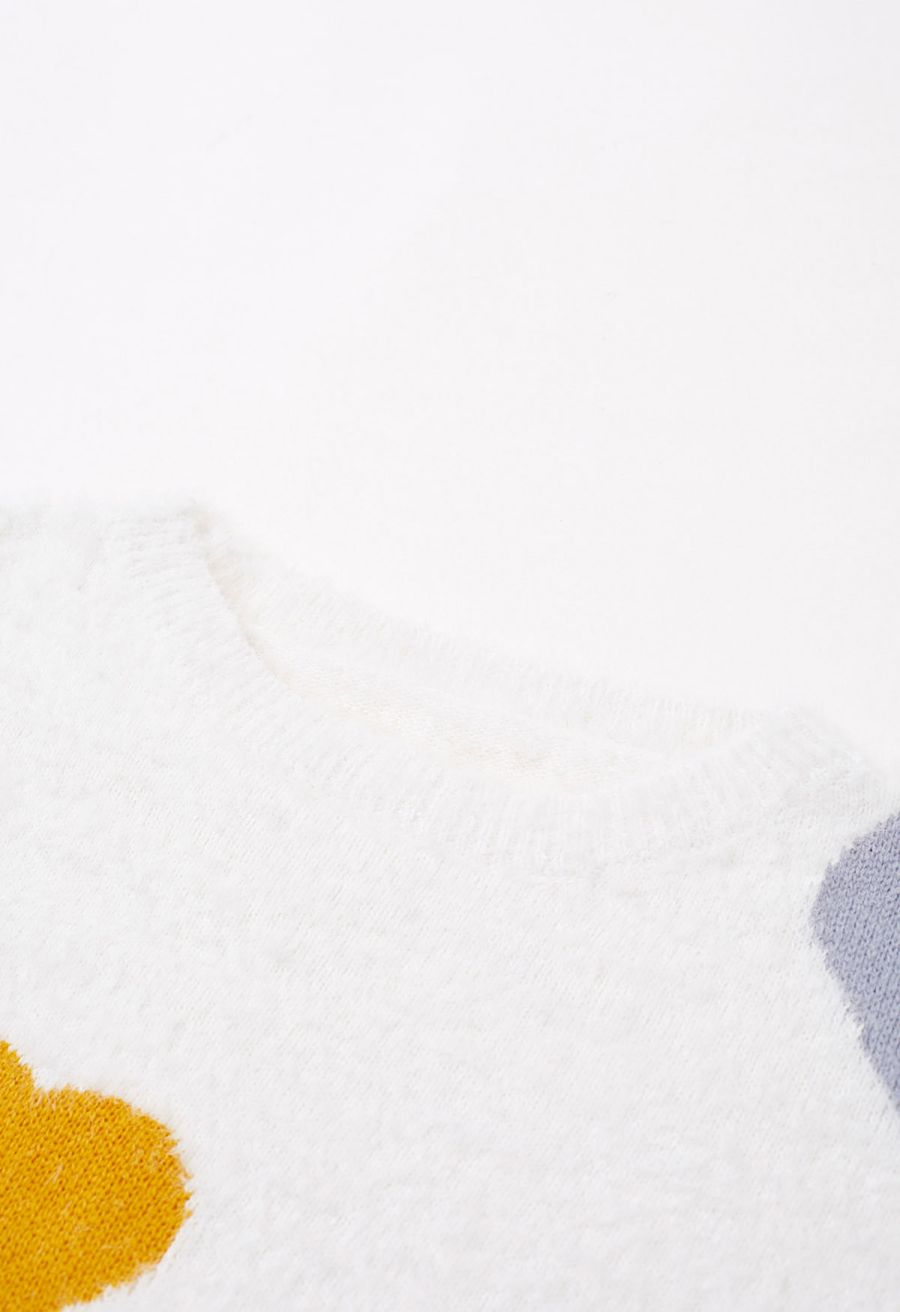 Colorful Heart Pattern Fuzzy Knit Sweater