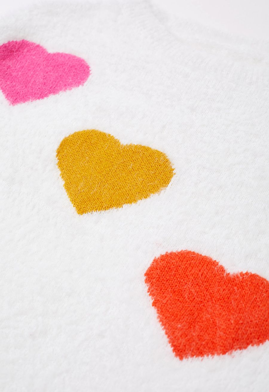 Colorful Heart Pattern Fuzzy Knit Sweater