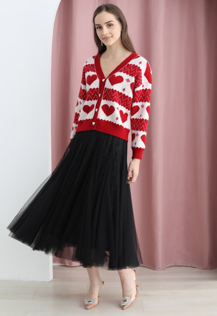 Gentle Red Heart Cropped Knit Cardigan