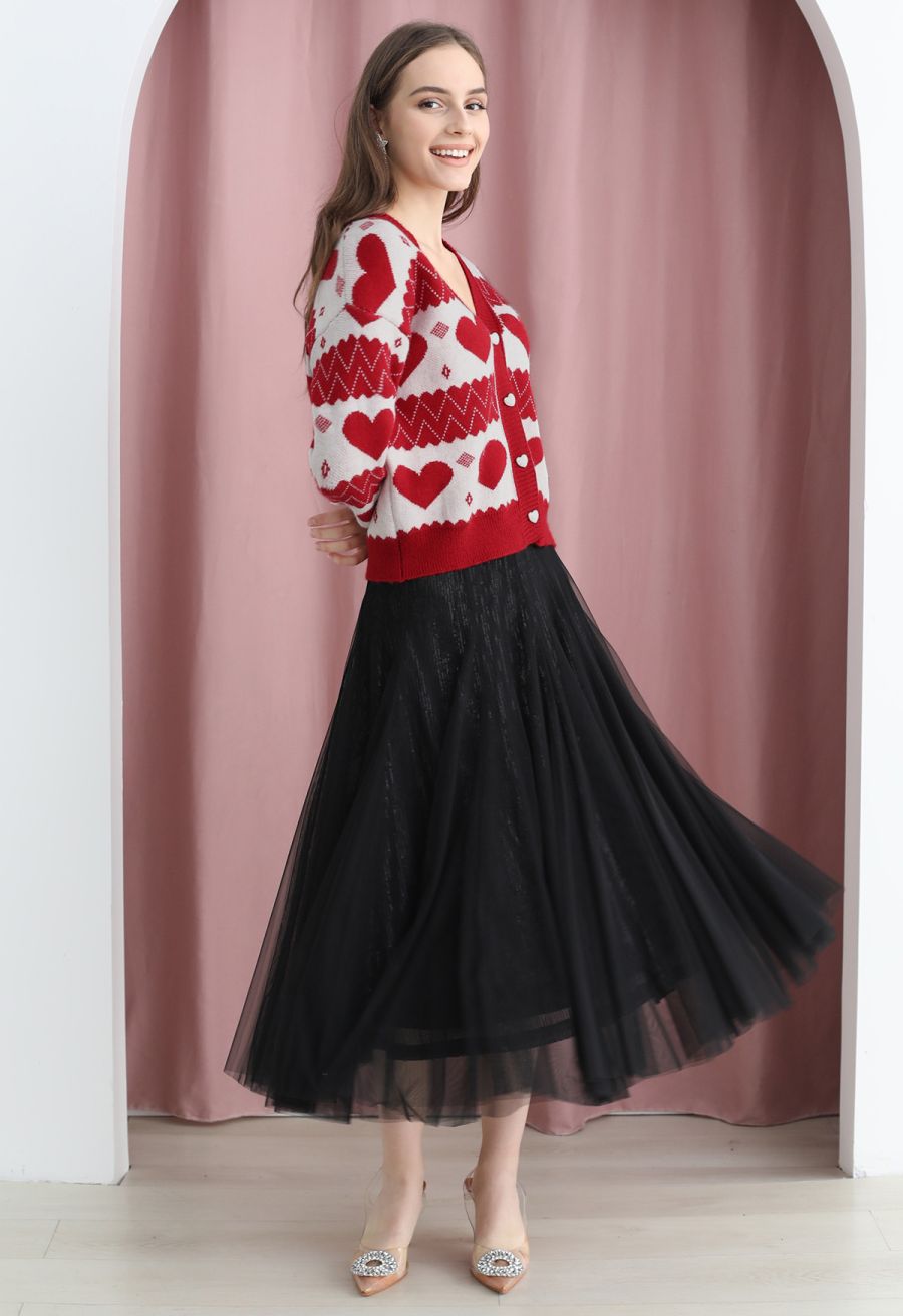 Gentle Red Heart Cropped Knit Cardigan