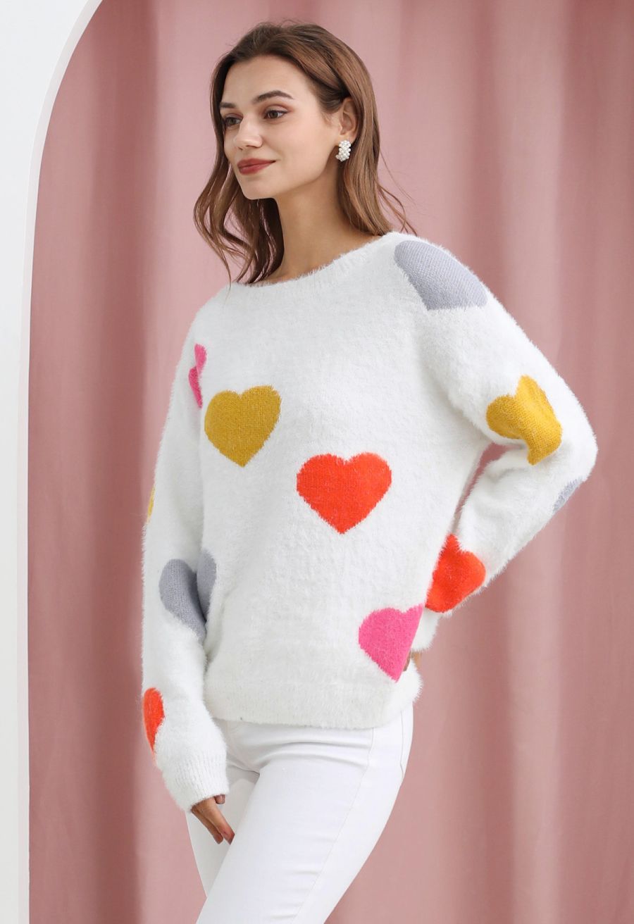 Colorful Heart Pattern Fuzzy Knit Sweater