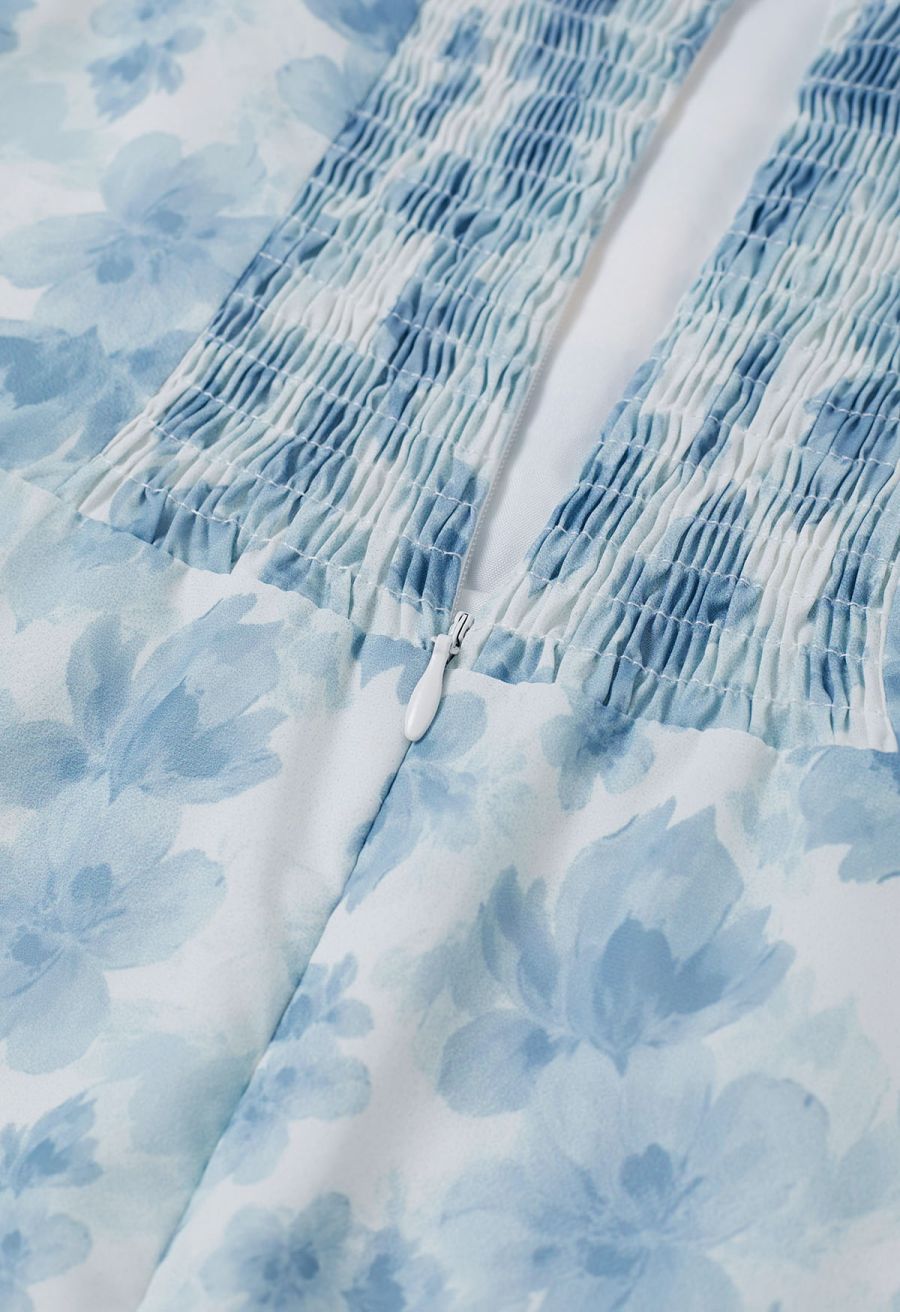 Floral Tie-Shoulder Split Midi Dress in Blue