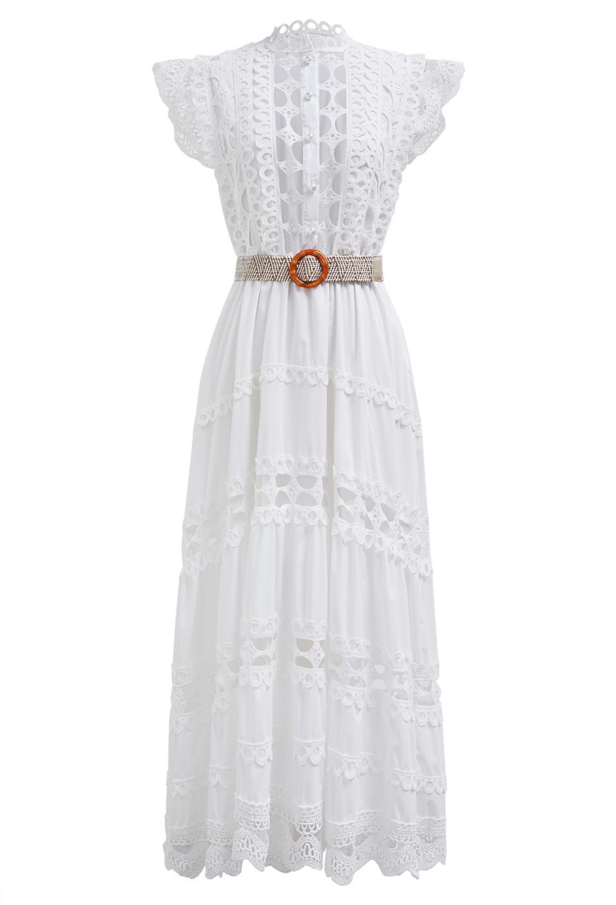 Belted Cutwork Pearly Sleeveless Maxi Dress in White