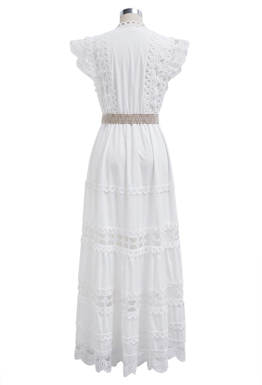 Belted Cutwork Pearly Sleeveless Maxi Dress in White