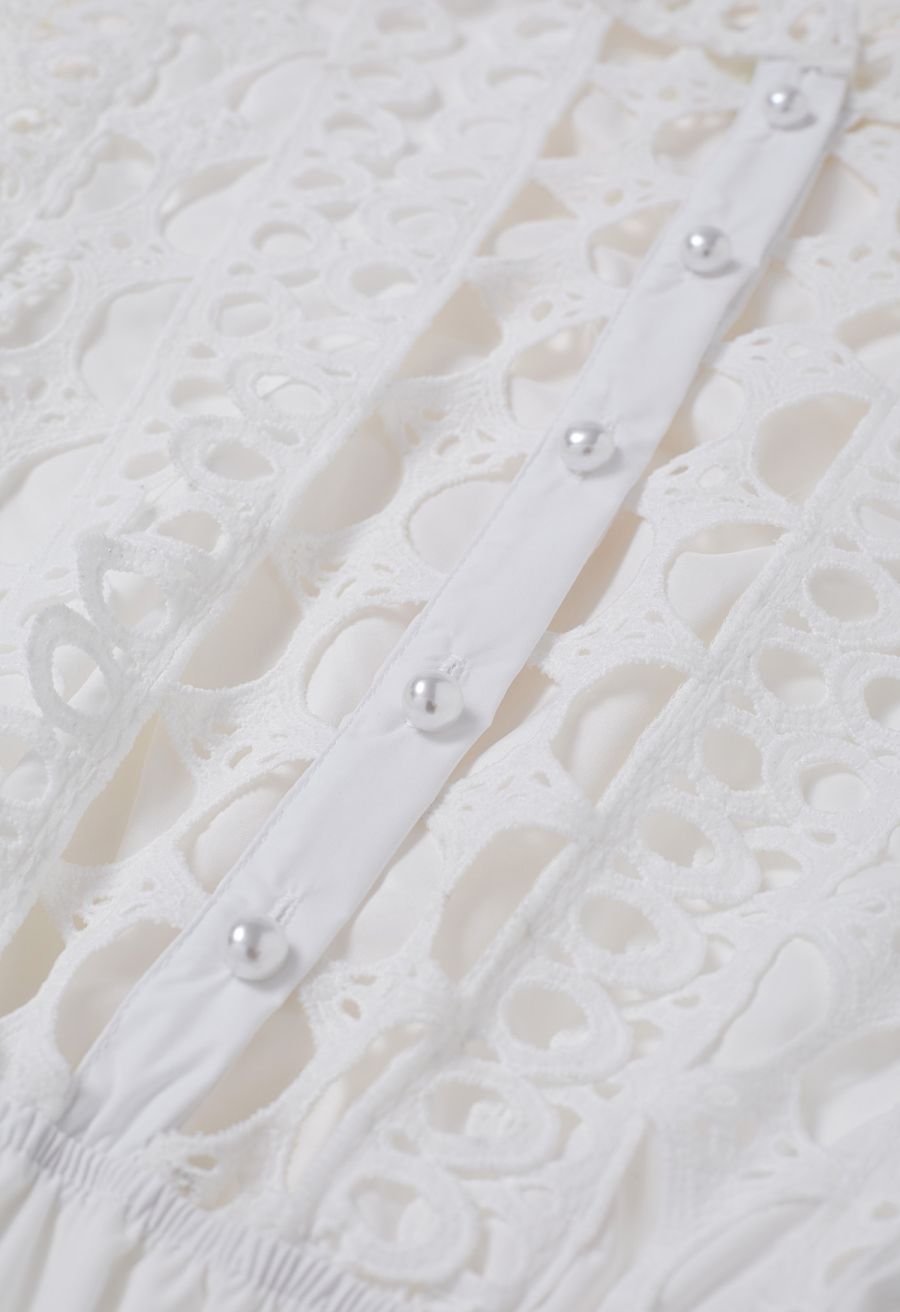 Belted Cutwork Pearly Sleeveless Maxi Dress in White
