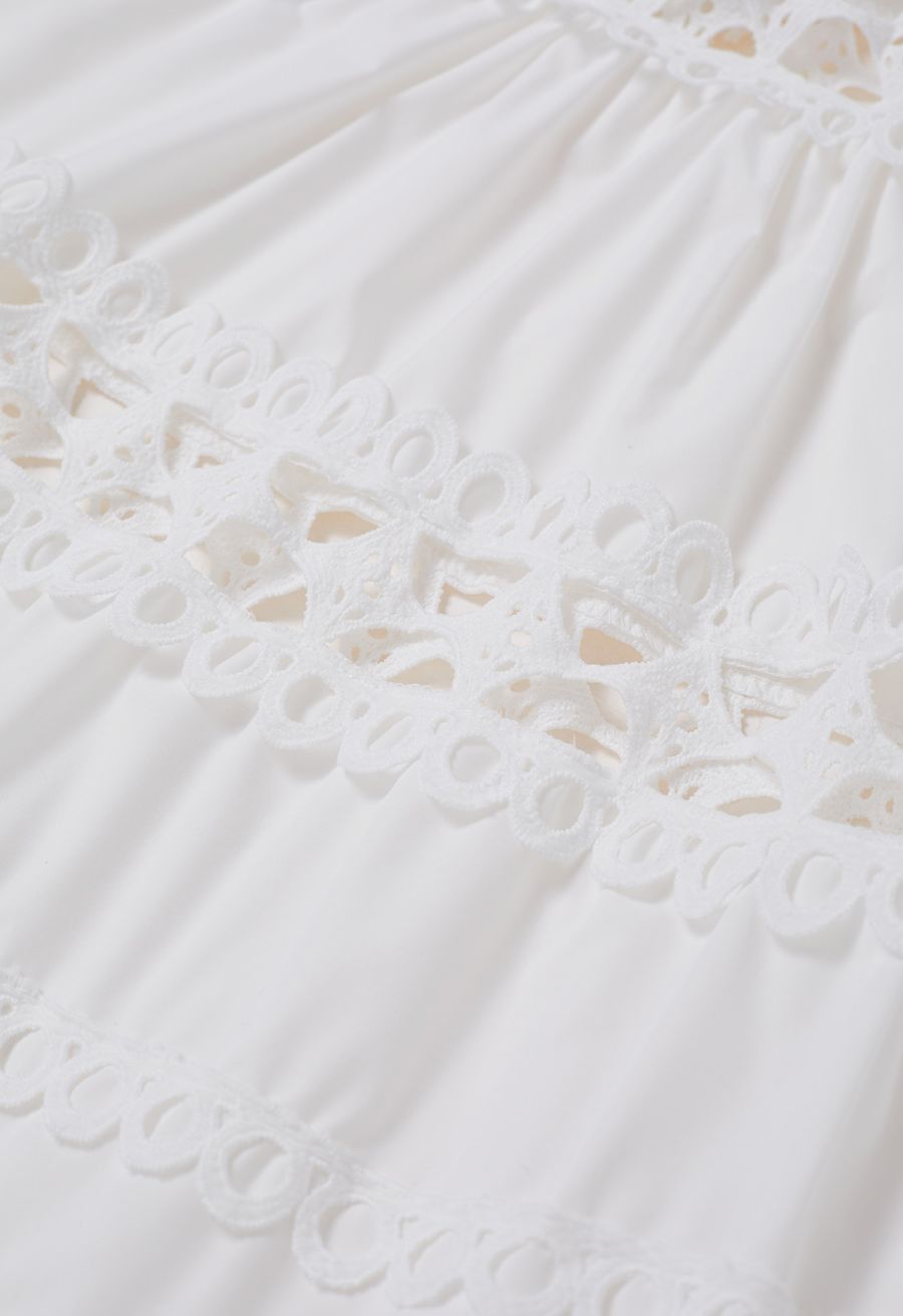 Belted Cutwork Pearly Sleeveless Maxi Dress in White