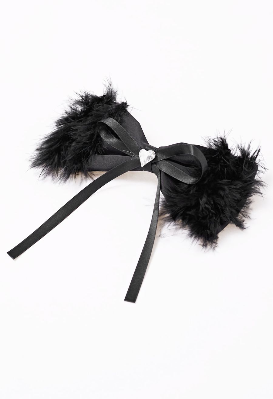 Heart Rhinestone Fuzzy Bowknot Hair Clip in Black