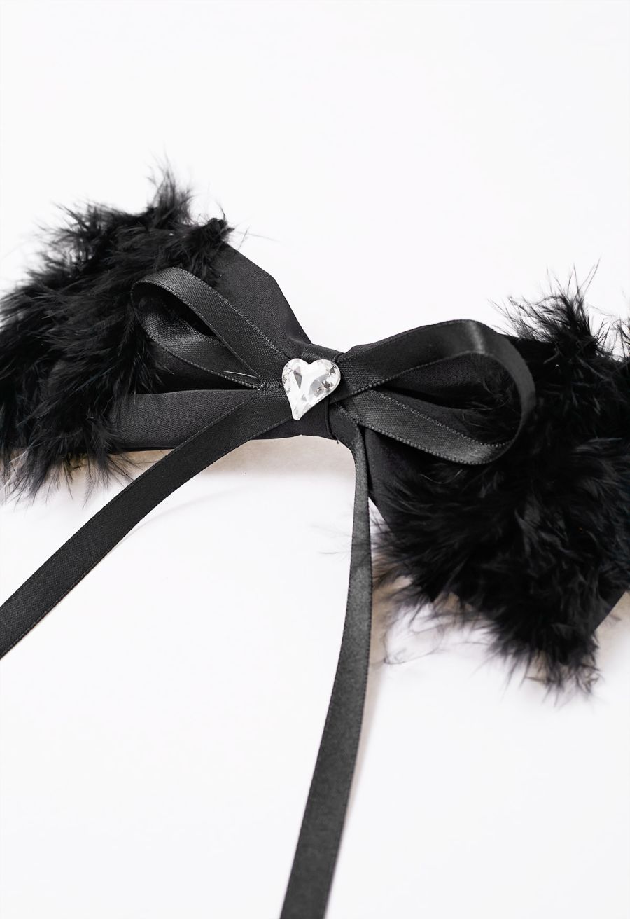 Heart Rhinestone Fuzzy Bowknot Hair Clip in Black