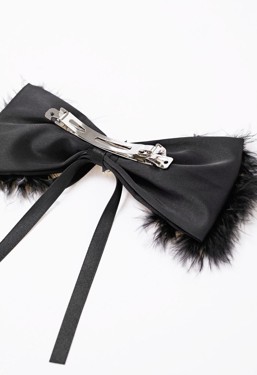 Heart Rhinestone Fuzzy Bowknot Hair Clip in Black