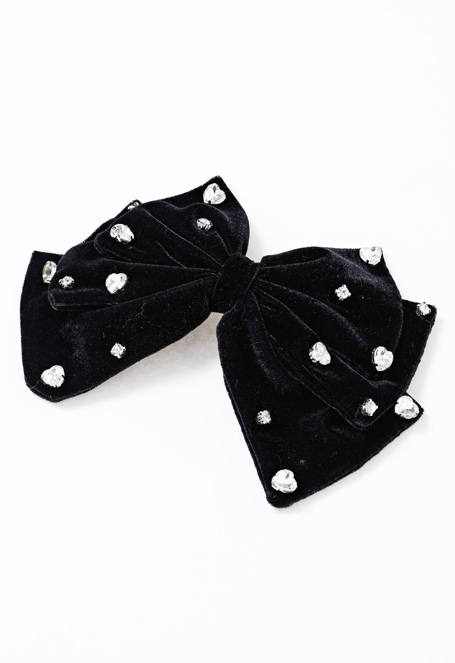 Rhinestone Heart Velvet Bowknot Hair Clip
