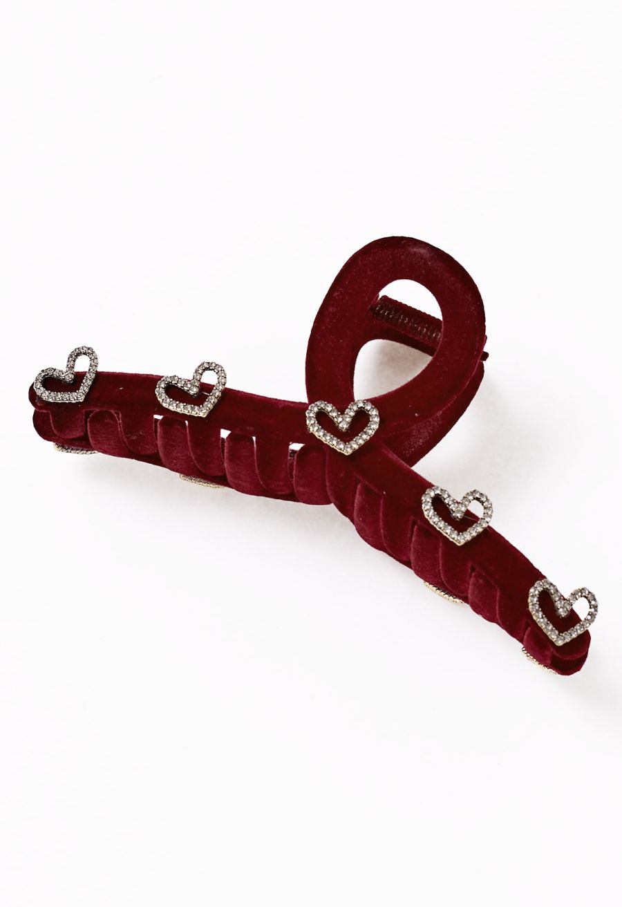 Heart Rhinestone Flocking Hair Claw in Burgundy