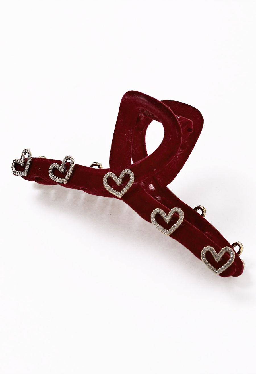 Heart Rhinestone Flocking Hair Claw in Burgundy