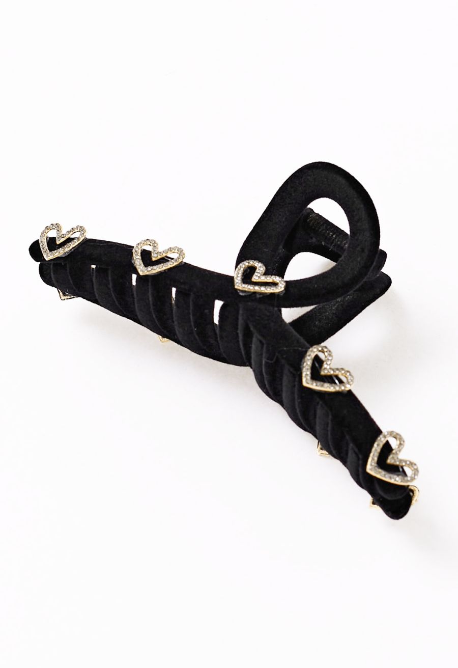 Heart Rhinestone Flocking Hair Claw in Black