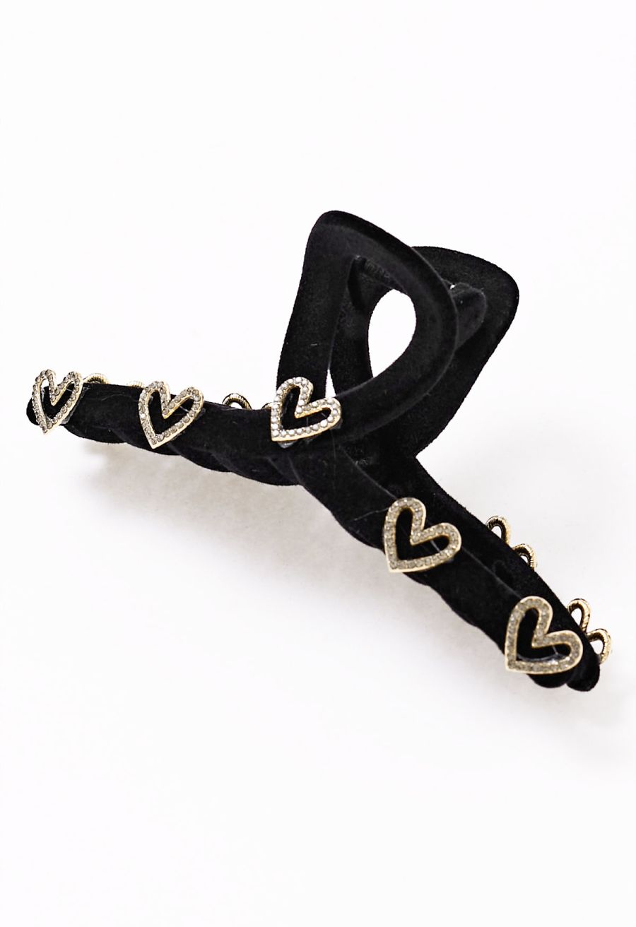 Heart Rhinestone Flocking Hair Claw in Black