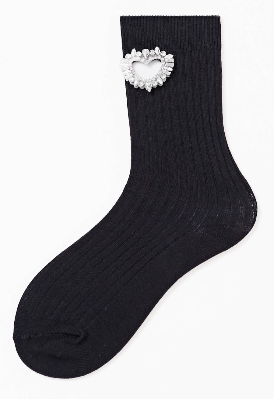 Rhinestone Hollow Out Heart Cotton Socks in Black