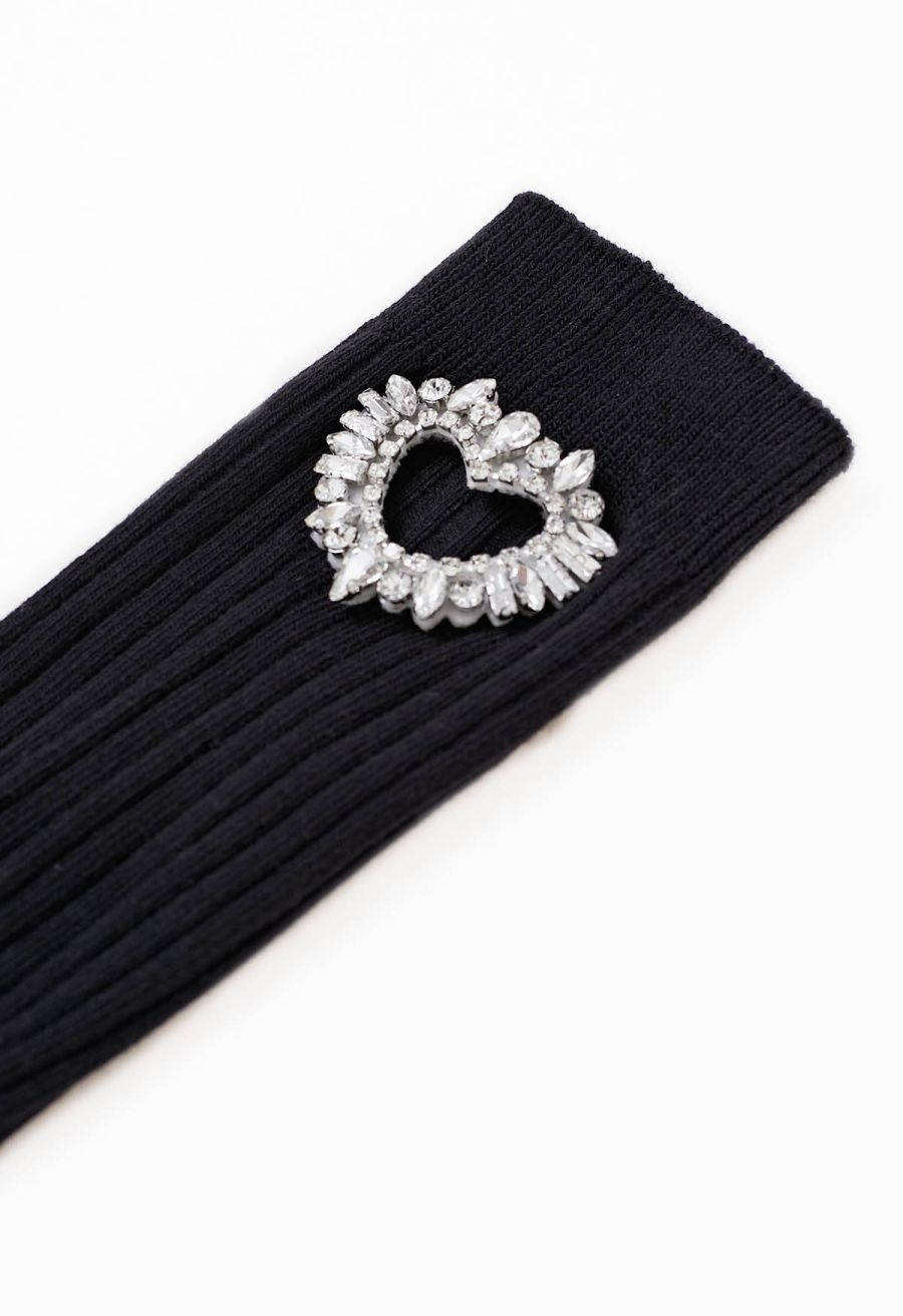 Rhinestone Hollow Out Heart Cotton Socks in Black