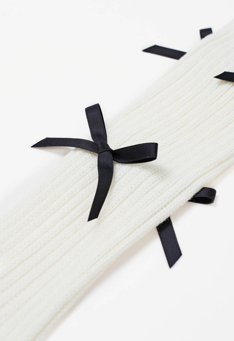 Bowknot Decor Knit Leg Warmers in White