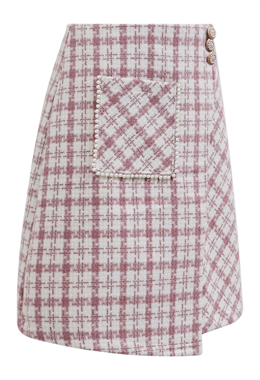 Patch Pocket Plaid Tweed Flap Skirt in Pink