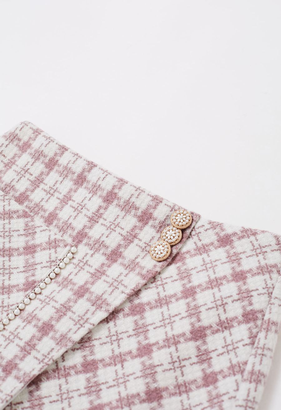 Patch Pocket Plaid Tweed Flap Skirt in Pink