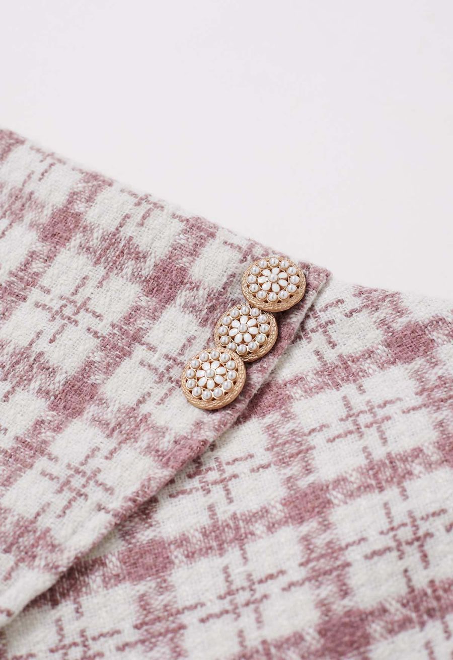 Patch Pocket Plaid Tweed Flap Skirt in Pink