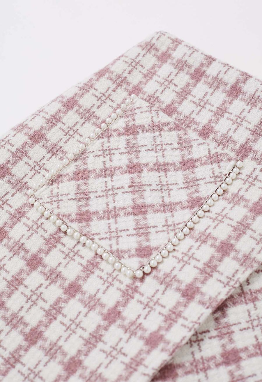 Patch Pocket Plaid Tweed Flap Skirt in Pink