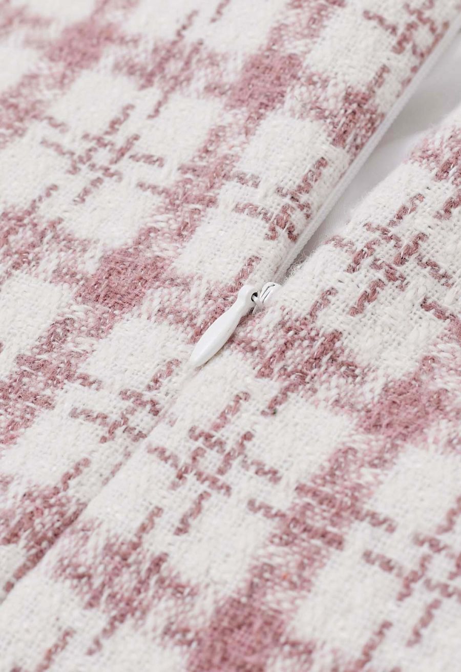 Patch Pocket Plaid Tweed Flap Skirt in Pink