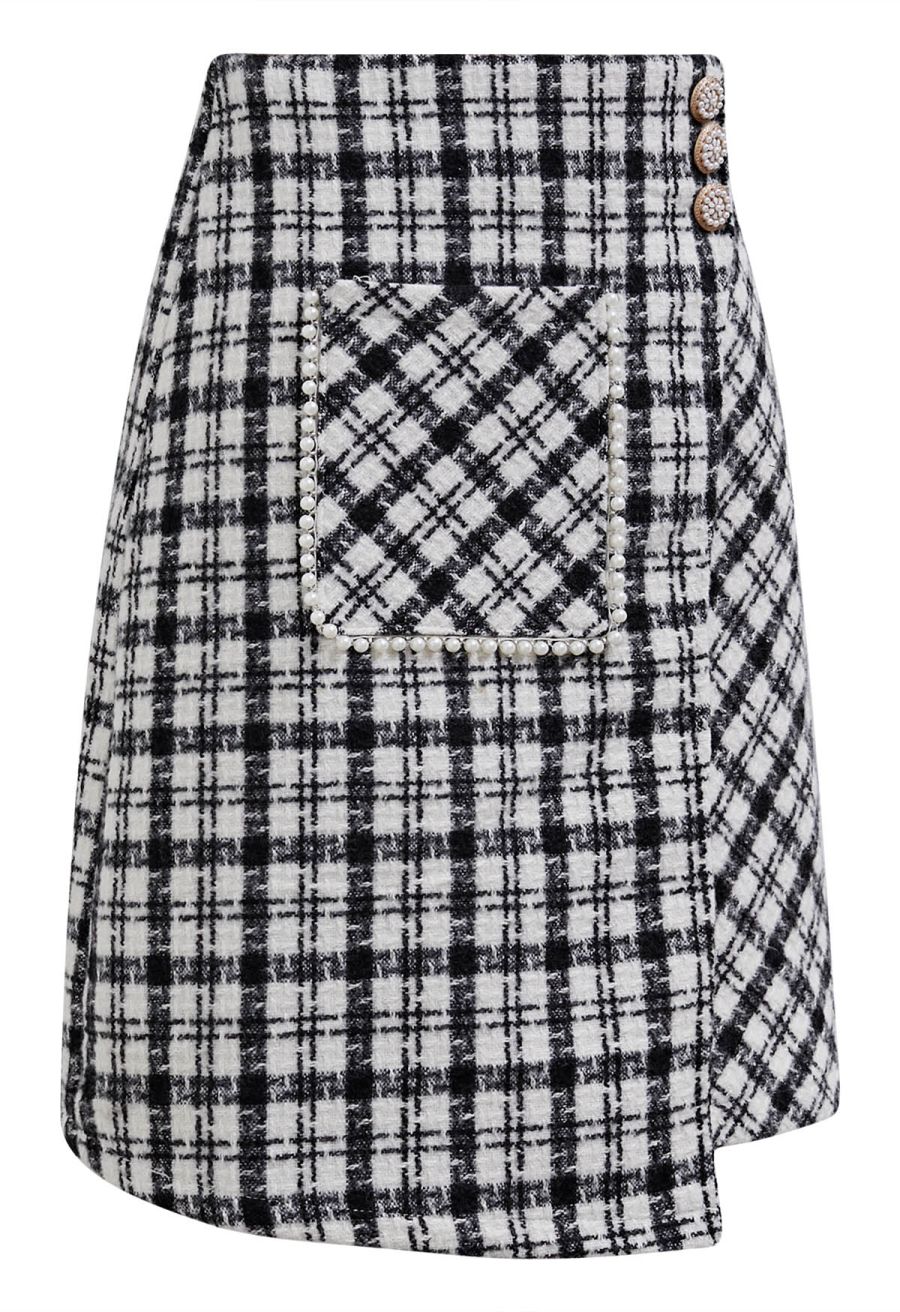Patch Pocket Plaid Tweed Flap Skirt in Black