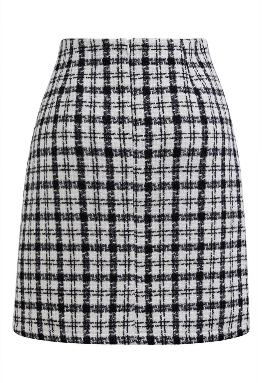 Patch Pocket Plaid Tweed Flap Skirt in Black