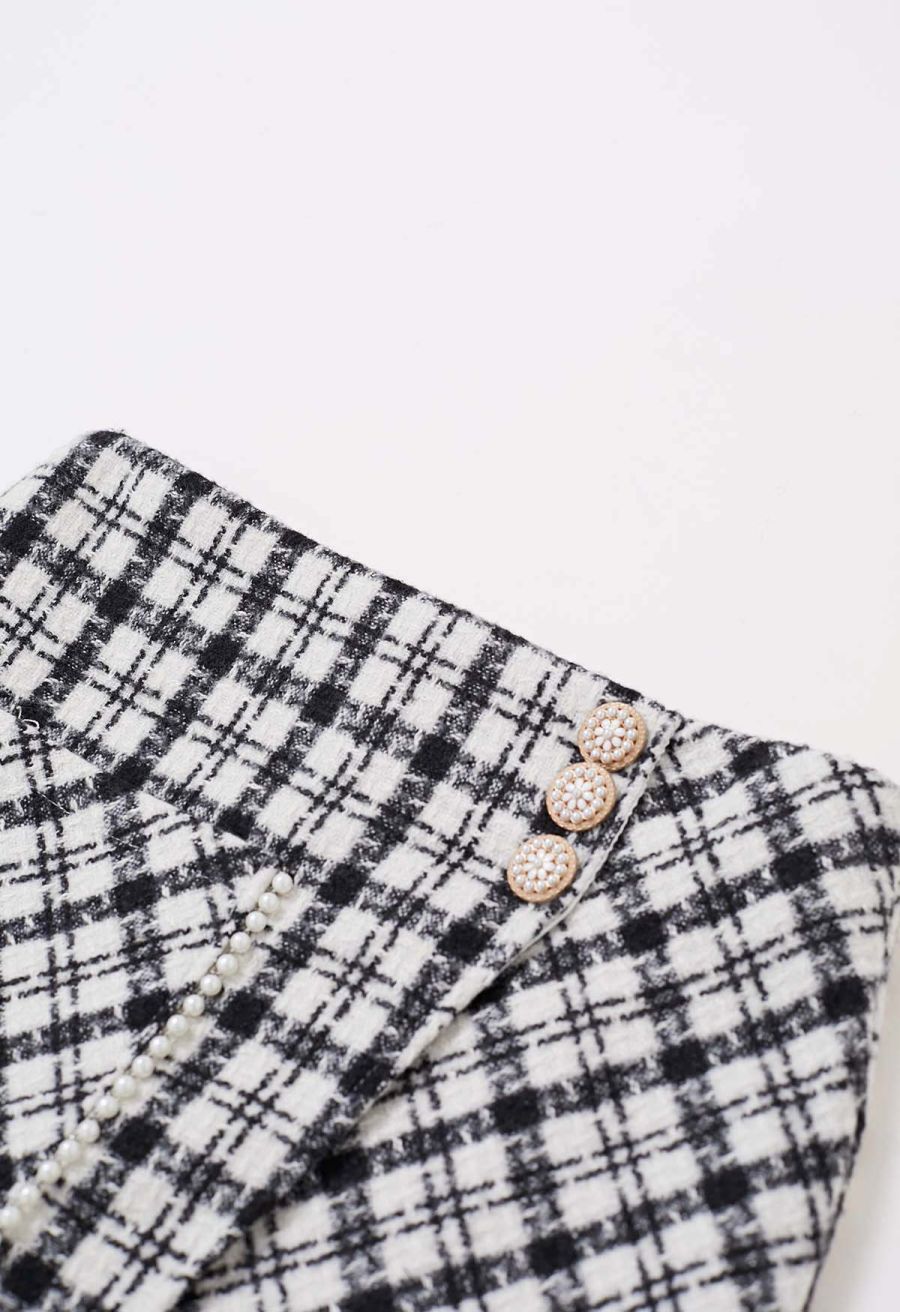 Patch Pocket Plaid Tweed Flap Skirt in Black