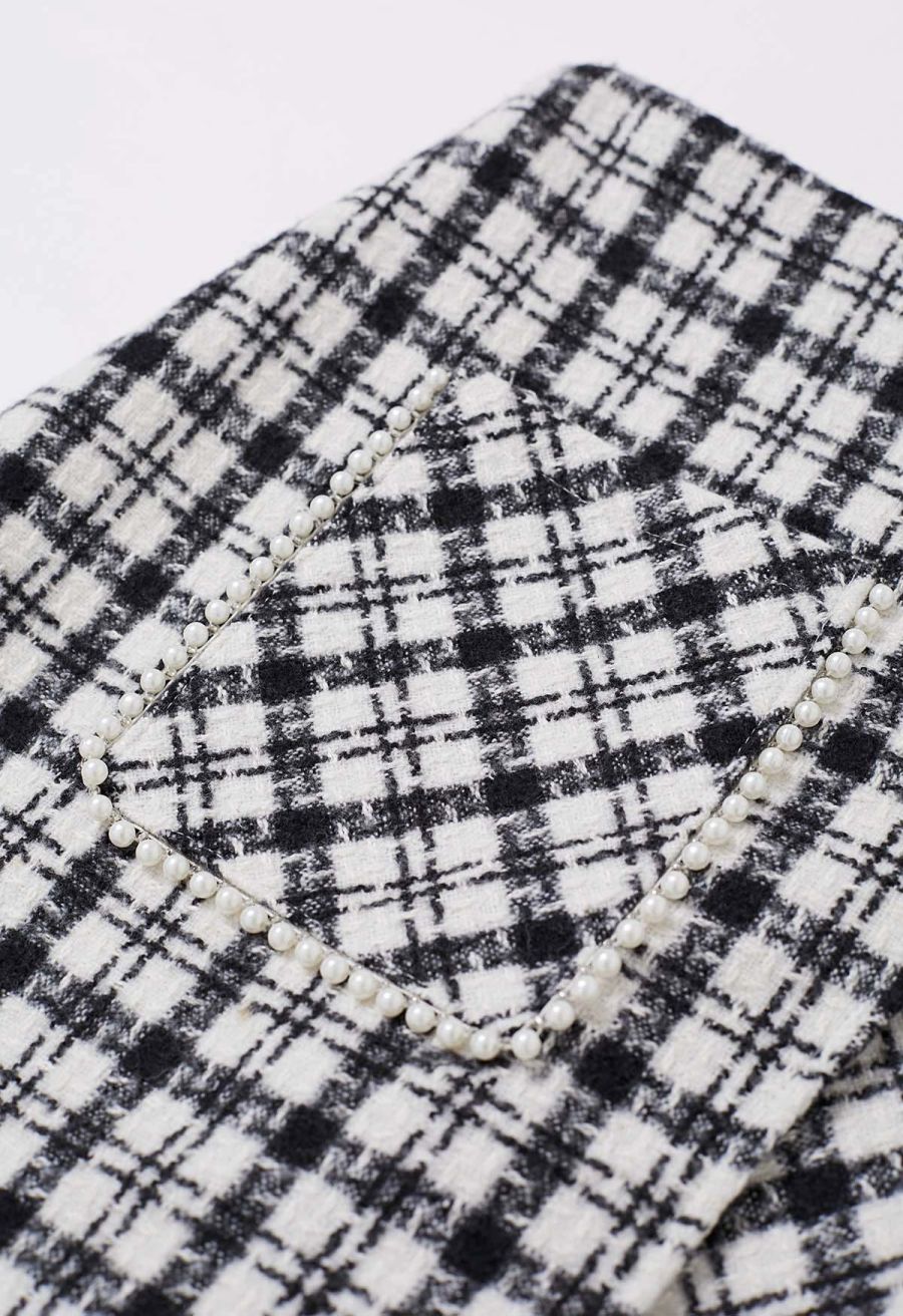 Patch Pocket Plaid Tweed Flap Skirt in Black